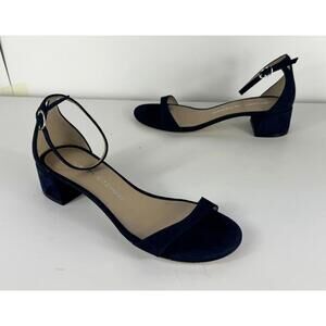 Stuart Weitzman Nice Blue Suede Nudist Block Heel Sandals Shoes Size US 7
